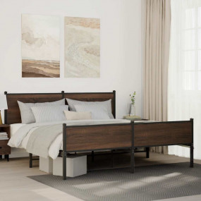 Bed Frame Brown Oak Steel, Engineered Wood Double Bed F...