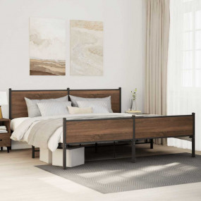 Bed Frame Brown Oak Steel, Engineered Wood Full Bed Fra...