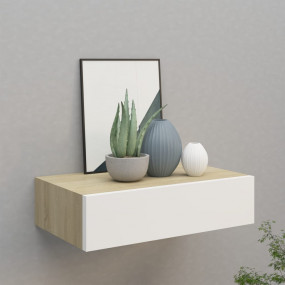 Drawer Shelf Oak and White MDF, Metal Compact Wall Shel...