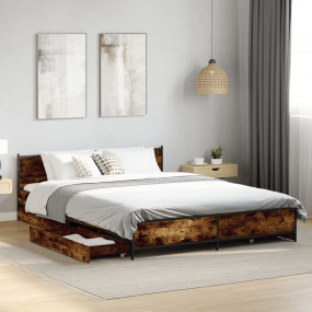 Bed Frame Smoked oak Engineered wood, Steel Double Bed ...