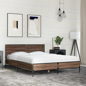 Bed Frame Brown Oak Engineered wood, metal, plywood Dou...