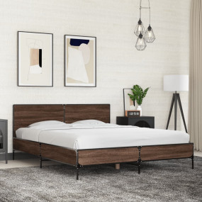 Bed Frame Brown Oak Engineered Wood, Metal King Size Be...