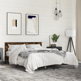 Bed Frame Smoked oak Engineered wood, metal, plywood sl...