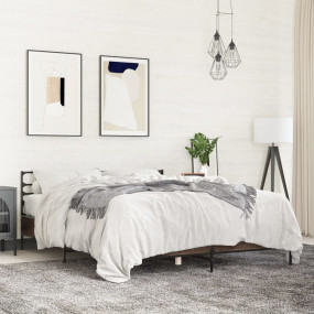 Bed Frame Brown Oak Engineered Wood, Metal 63x79 in Bed...