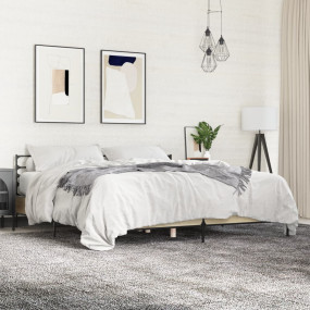 Bed Frame Sonoma Oak Engineered Wood, Metal Double Mode...