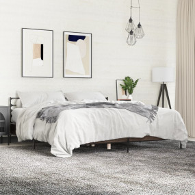 Bed Frame Brown oak Engineered wood, Metal, Plywood Dou...