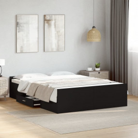 Bed Frame Black Engineered Wood, Plywood Double Bed Fra...