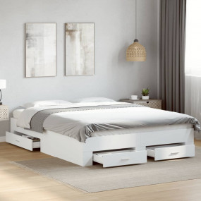 Bed Frame White Engineered Wood Double Bed Frame Rectan...