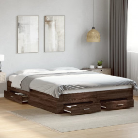 Bed Frame Brown Oak Engineered Wood King Storage Bed Fr...