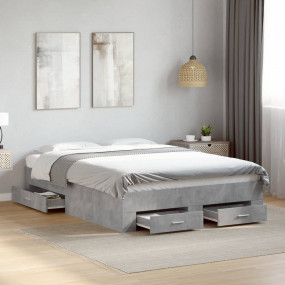 Bed Frame Concrete Grey Engineered Wood, Plywood Double...