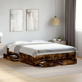 Bed Frame Smoked Oak Engineered Wood, Plywood Double Be...