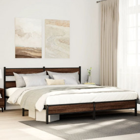 Bed Frame Brown Oak Steel, Engineered Wood Double Bed F...