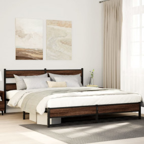 Bed Frame Brown Oak Steel, Engineered Wood Double Bed F...