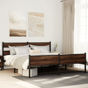 Bed Frame Brown Oak Steel, engineered wood Double Bed F...