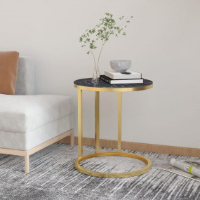 Side Table Gold and Black Marble Tempered Glass, Powder...