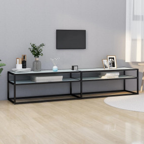 TV Cabinet White Marble Tempered Glass, Powder-Coated S...