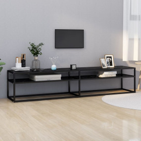 TV Cabinet Black Marble Tempered Glass, Powder-Coated S...