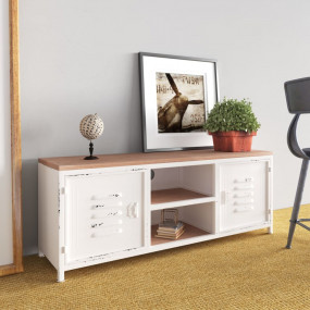 TV Cabinet White Iron, Solid Fir Wood Medium TV Cabinet