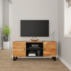 TV Cabinet Black and natural wood Solid acacia wood Med...