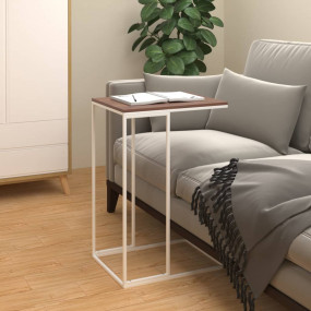Side Table White and Brown Engineered Wood, Iron Decora...