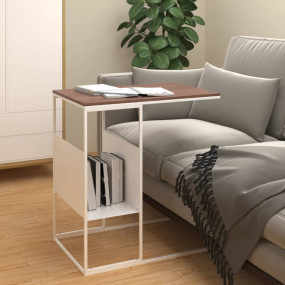 Side Table White and Brown Engineered Wood and Iron Sta...