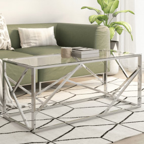Coffee Table Silver Stainless Steel, Tempered Glass Med...