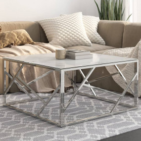 Coffee Table White, Silver Stainless Steel, Tempered Gl...