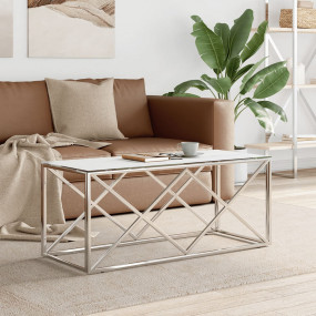 Coffee Table Silver, White Stainless Steel, Toughened G...