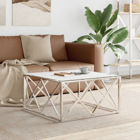 Coffee Table Silver, White Marble Stainless Steel, Temp...
