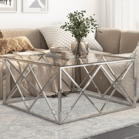 Coffee Table Silver, Clear Stainless Steel, Tempered Gl...