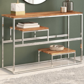 Console Table Silver Stainless Steel, Solid Acacia Wood...