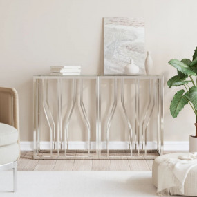Console Table Silver Stainless Steel, Tempered Glass On...