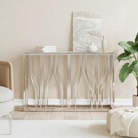 Console Table Silver, White Stainless Steel, Tempered G...
