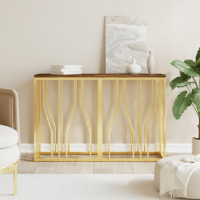 Console Table Gold Stainless steel, reclaimed wood Narr...