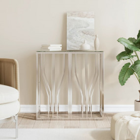 Console Table Silver Stainless Steel, Tempered Glass