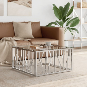 Coffee Table Silver Stainless Steel, Tempered Glass Med...