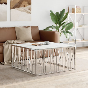 Coffee Table Silver, White Stainless Steel, Tempered Gl...