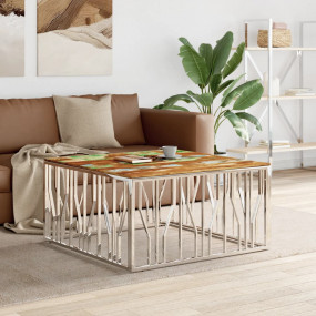 Coffee Table Silver, Brown Stainless Steel, Solid Acaci...