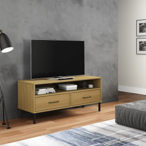 TV Cabinet Brown Solid Pine Wood and Metal Medium TV Ca...