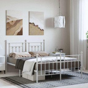 Bed Frame White Powder-Coated Steel King Bed Frame Rect...