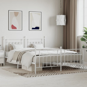 Bed Frame White Powder-Coated Steel Full Bed Frame Rect...