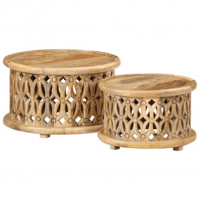 Coffee Table Set of 2 Brown Solid Mango Wood Tough Coff...