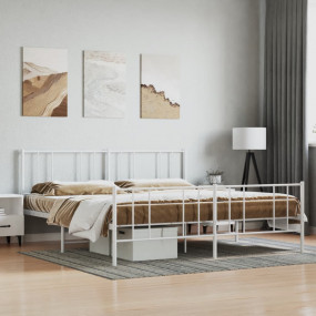 Bed Frame White Powder-Coated Steel King Bed Frame Rect...