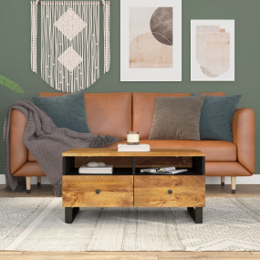 Coffee Table Honey Finish Wood, Black Iron