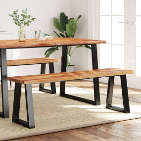 Bench Natural Wood and Black Solid Acacia Wood, Powder-...