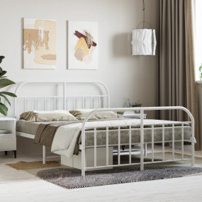 Bed Frame White Powder-Coated Steel Full Bed Frame Rect...