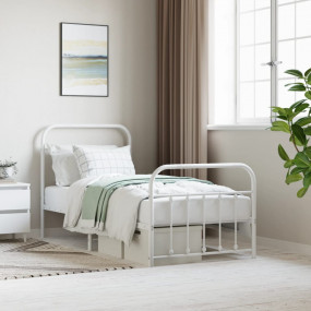 Bed Frame White Powder-Coated Steel 35.4x74.8 in Bed Fr...