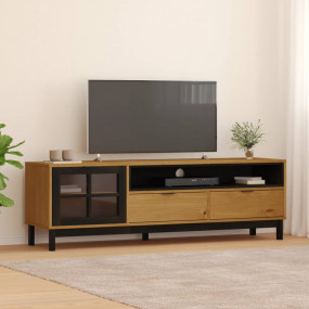 TV Cabinet Oak Solid Pine Wood, Tempered Glass, Plastic