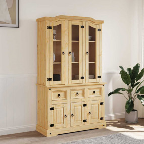 Highboard Brown Solid Pine Wood, Engineered Wood, Glass...