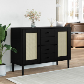 Sideboard Black Solid Pine Wood, Poly Rattan, Engineere...